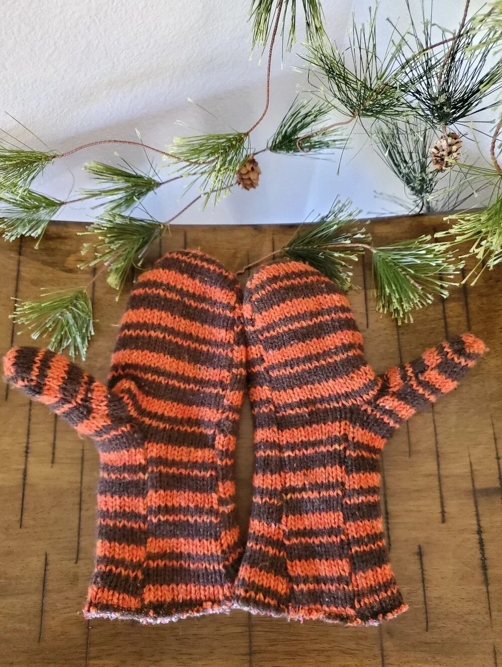 Dual Layer Cotton Wool Striped Mittens Orange Brown Fall Winter